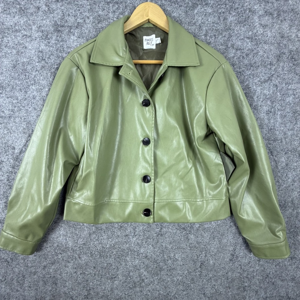 Princess Polly Cropped Jacket Womens 0 Green Faux Leather Collared Moto Biker